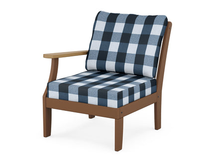 POLYWOOD® Braxton Modular Left Arm Chair in Teak / Natural / Buffalo Plaid Marine Indigo