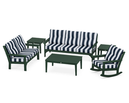 POLYWOOD® Vineyard 6-Piece Deep Seating Set in Green / Cabana Stripe Marine Indigo