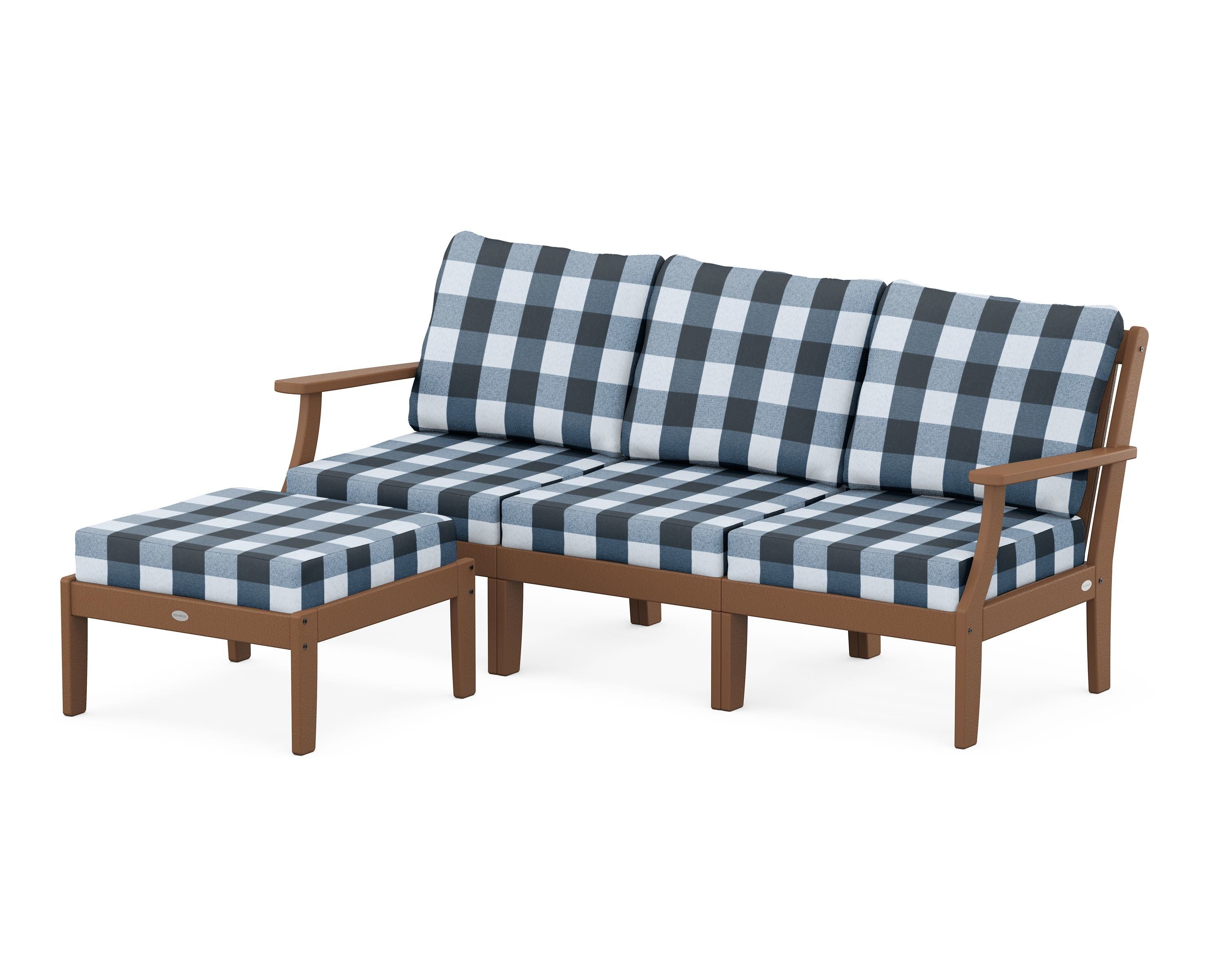 POLYWOOD® Braxton Modular 4-Piece Deep Seating Set with Ottoman in Teak / Buffalo Plaid Marine Indigo