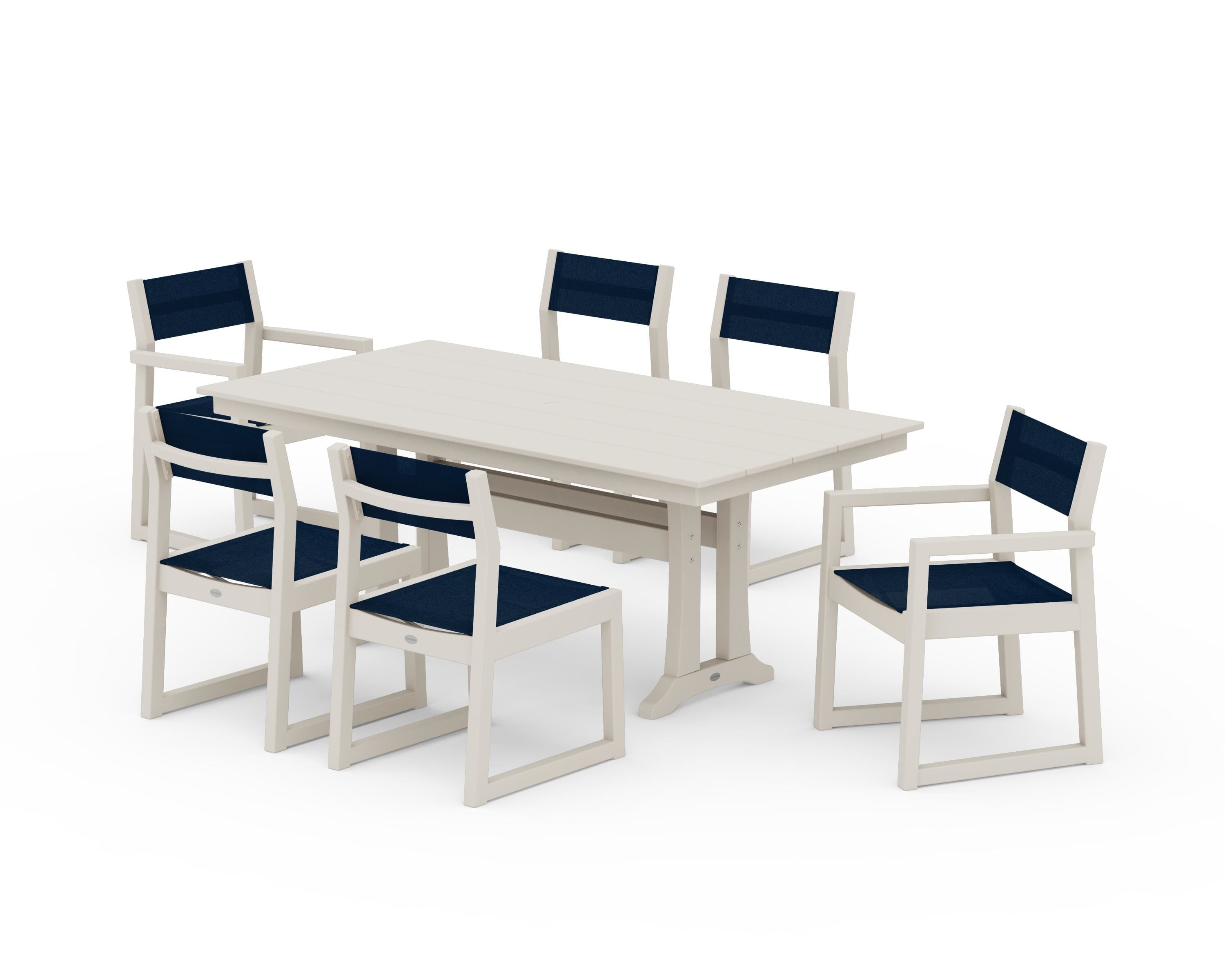 POLYWOOD® EDGE Sling 7-Piece Farmhouse Trestle Dining Set in Sand / Navy Blue Sling