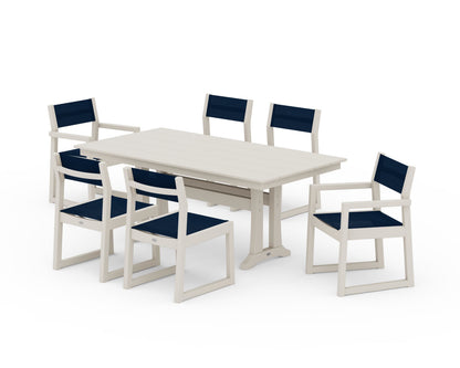 POLYWOOD® EDGE Sling 7-Piece Farmhouse Trestle Dining Set in Sand / Navy Blue Sling