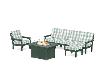 POLYWOOD® Vineyard Sectional Lounge and Fire Pit Set in Green / Buffalo Plaid Glacier Spa