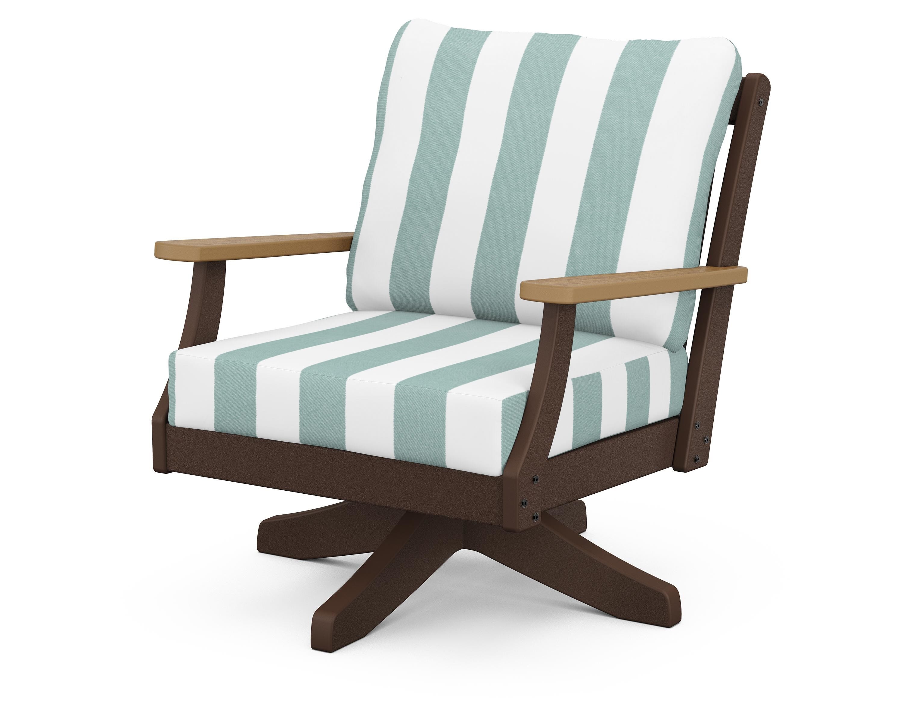 POLYWOOD® Braxton Deep Seating Swivel Chair in Mahogany / Natural / Cabana Stripe Glacier Spa