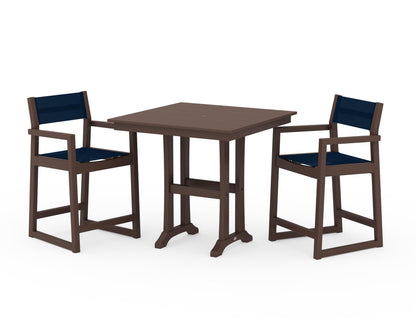 POLYWOOD® EDGE Sling Arm Chair 3-Piece Farmhouse Counter Set with Trestle Legs in Mahogany / Navy Blue Sling