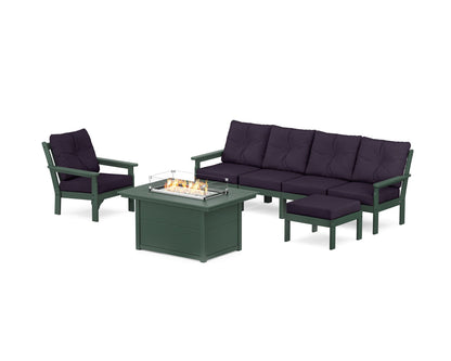 POLYWOOD® Vineyard Sectional Lounge and Fire Pit Set in Green / Navy Linen