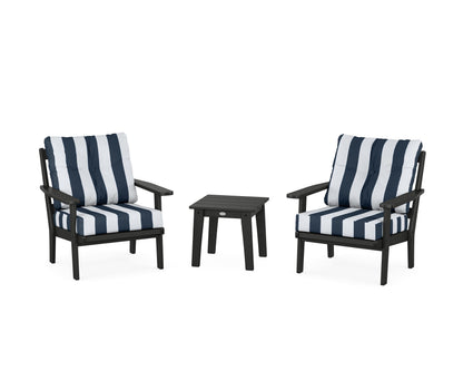 POLYWOOD® Prairie 3-Piece Deep Seating Set in Black / Cabana Stripe Marine Indigo