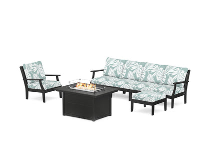 POLYWOOD® Braxton Sectional Lounge and Fire Pit Set in Black / Leaf Glacier Spa