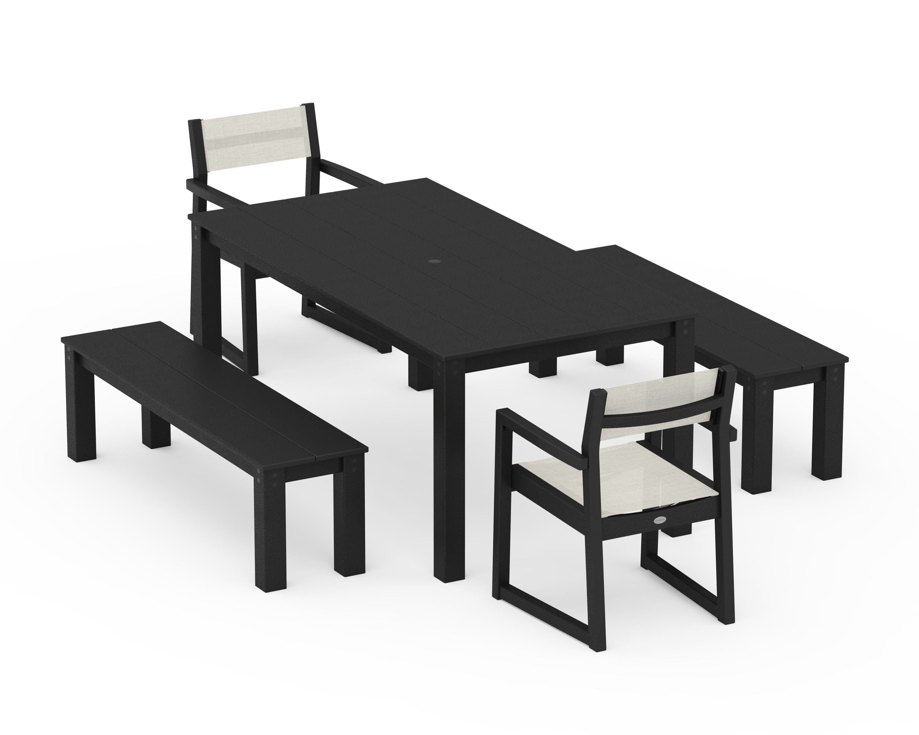 POLYWOOD® EDGE Sling Arm Chair 5-Piece Parsons Dining Set with Benches in Black / Parchment Sling