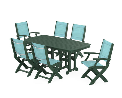 POLYWOOD® Coastal Folding Chair 7-Piece Dining Set in Green / Dupioni Aquamarine Sling