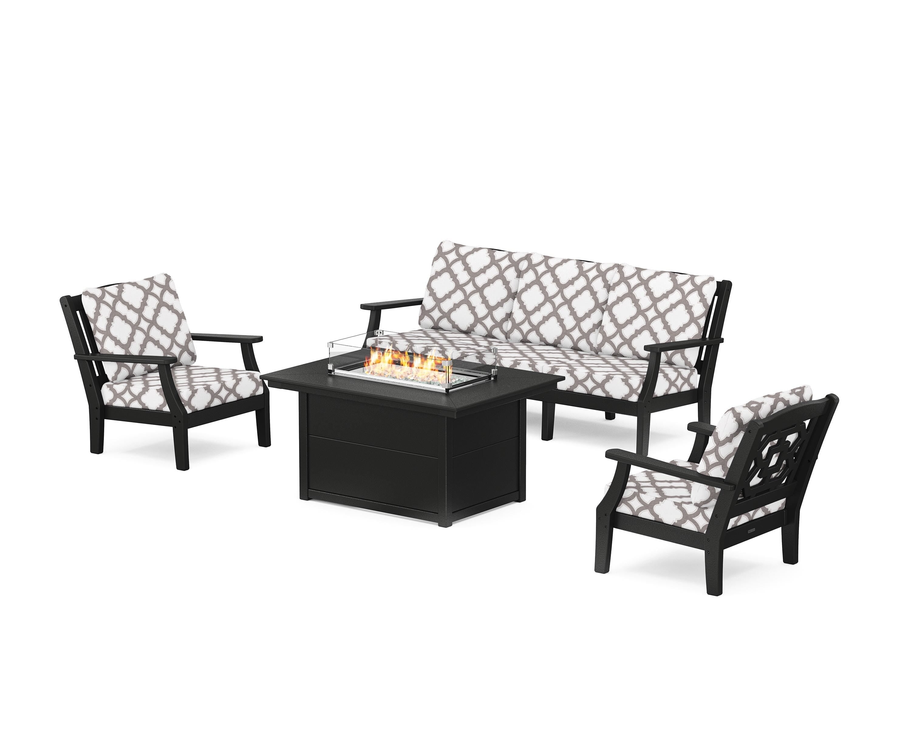 Martha Stewart by POLYWOOD® Chinoiserie Deep Seating Fire Pit Table Set in Black / Trellis Grey Mist