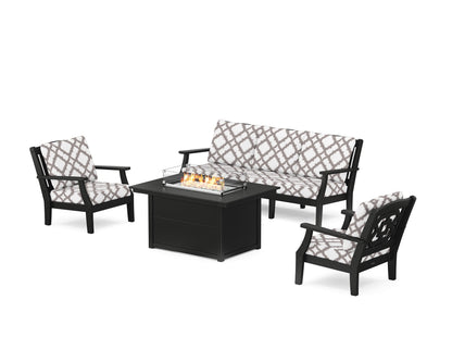 Martha Stewart by POLYWOOD® Chinoiserie Deep Seating Fire Pit Table Set in Black / Trellis Grey Mist