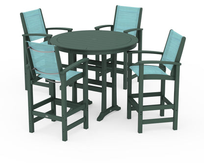 POLYWOOD® Coastal 5-Piece Nautical Trestle Bar Set in Green / Dupioni Aquamarine Sling