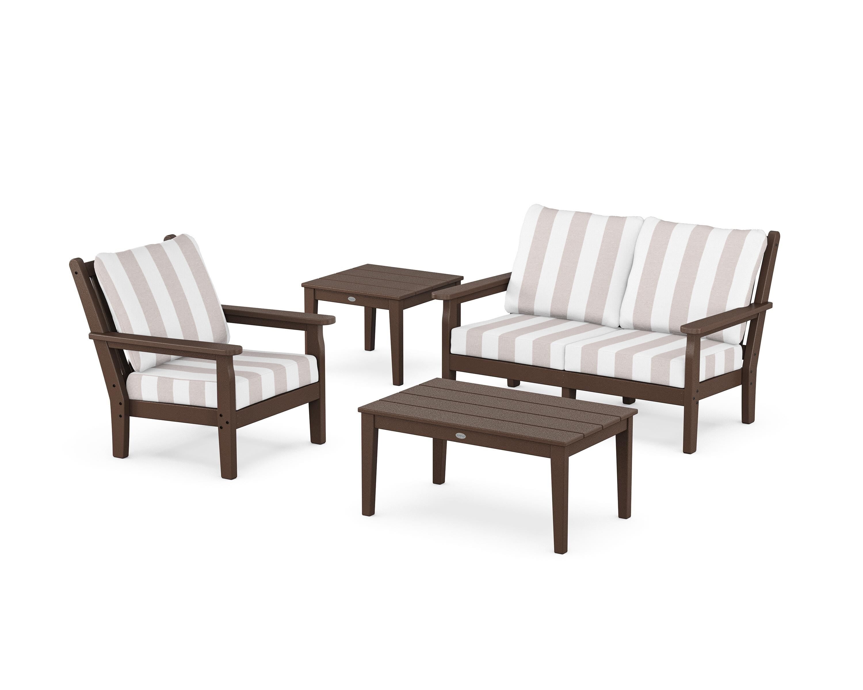 POLYWOOD® Chippendale 4-Piece Deep Seating Set in Mahogany / Cabana Stripe Dune Burlap