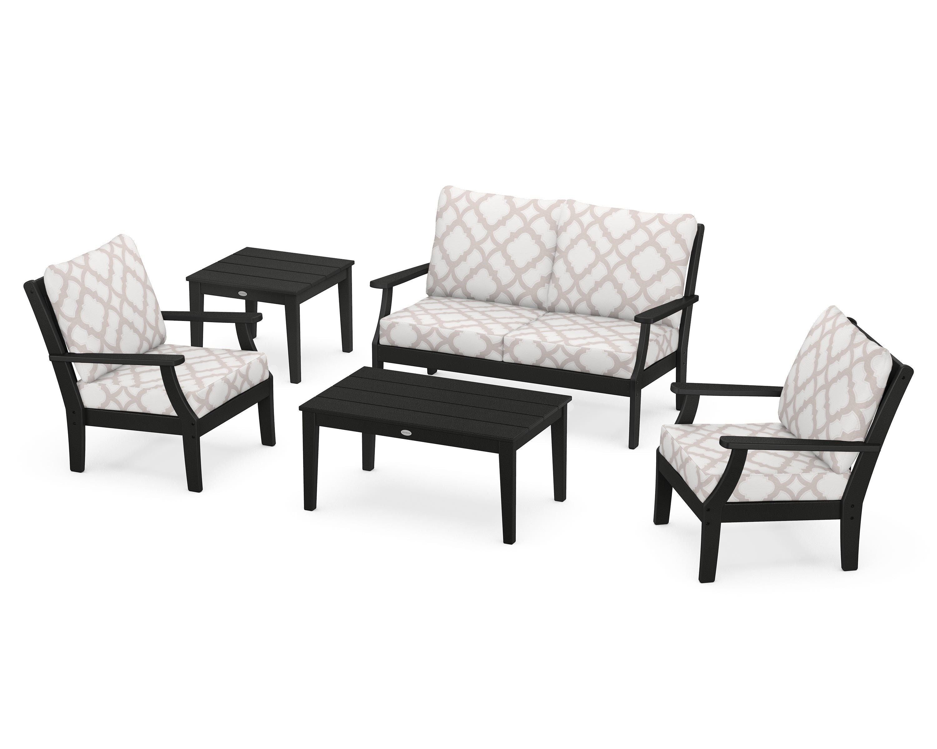 POLYWOOD® Braxton 5-Piece Deep Seating Set in Black / Trellis Dune Burlap