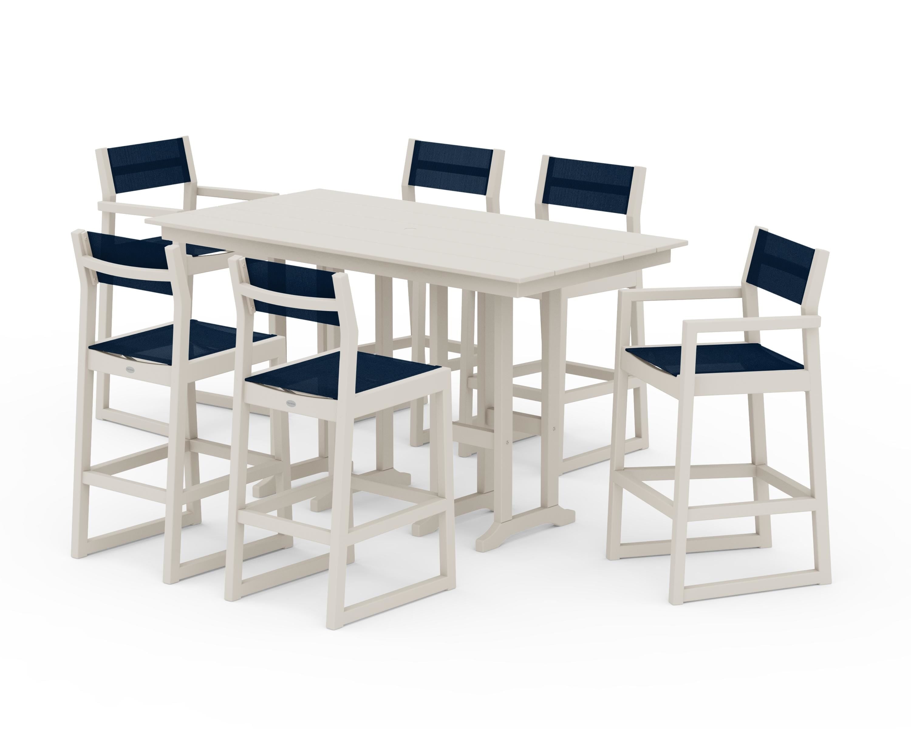 POLYWOOD® EDGE Sling 7-Piece Farmhouse Bar Set in Sand / Navy Blue Sling