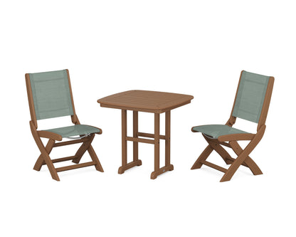POLYWOOD® Coastal Folding Side Chair 3-Piece Dining Set in Teak / Dupioni Sea Mist Sling