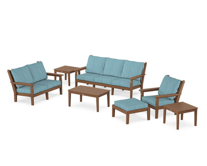POLYWOOD® Chippendale 7-Piece Deep Seating Set in Teak / Lattice Sky Blue