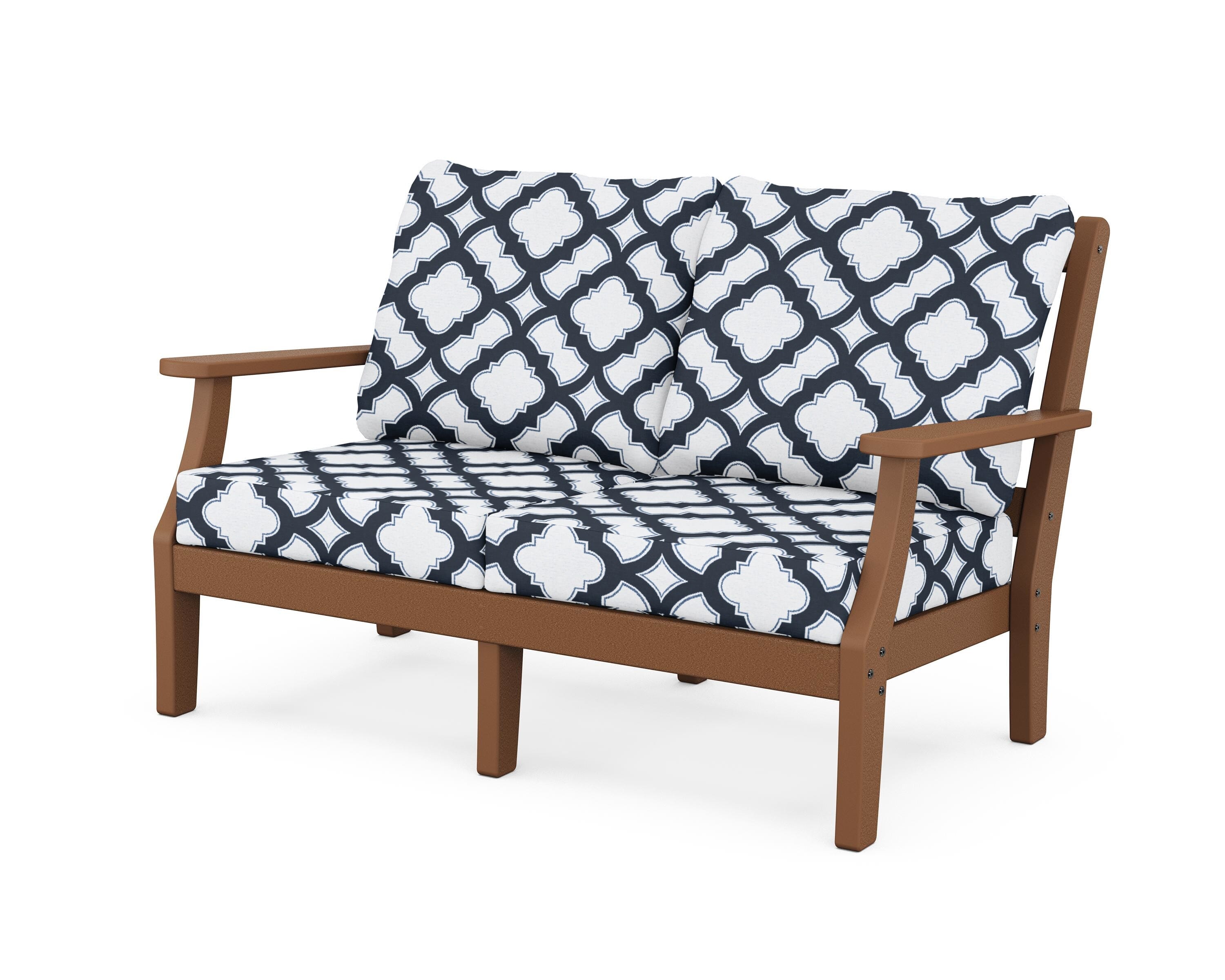 Martha Stewart by POLYWOOD® Chinoiserie Deep Seating Loveseat in Teak / Trellis Marine Indigo