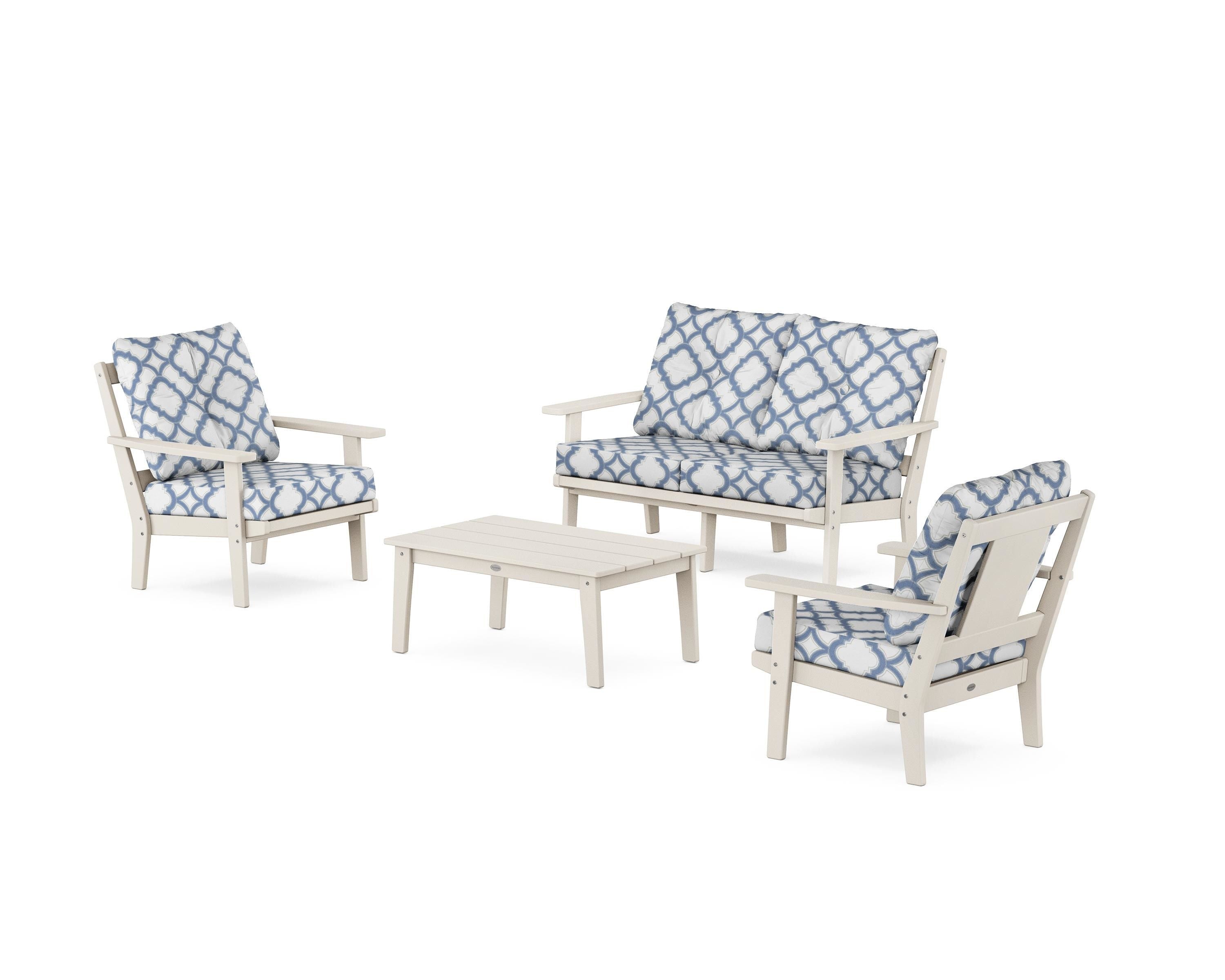 POLYWOOD® Prairie 4-Piece Deep Seating Set with Loveseat in Sand / Trellis Sky Blue