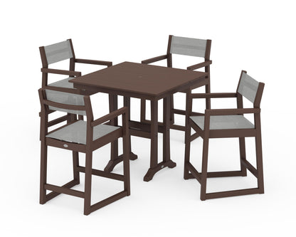 POLYWOOD® EDGE Sling Arm Chair 5-Piece Farmhouse Counter Set with Trestle Legs in Mahogany / Metallic Sling
