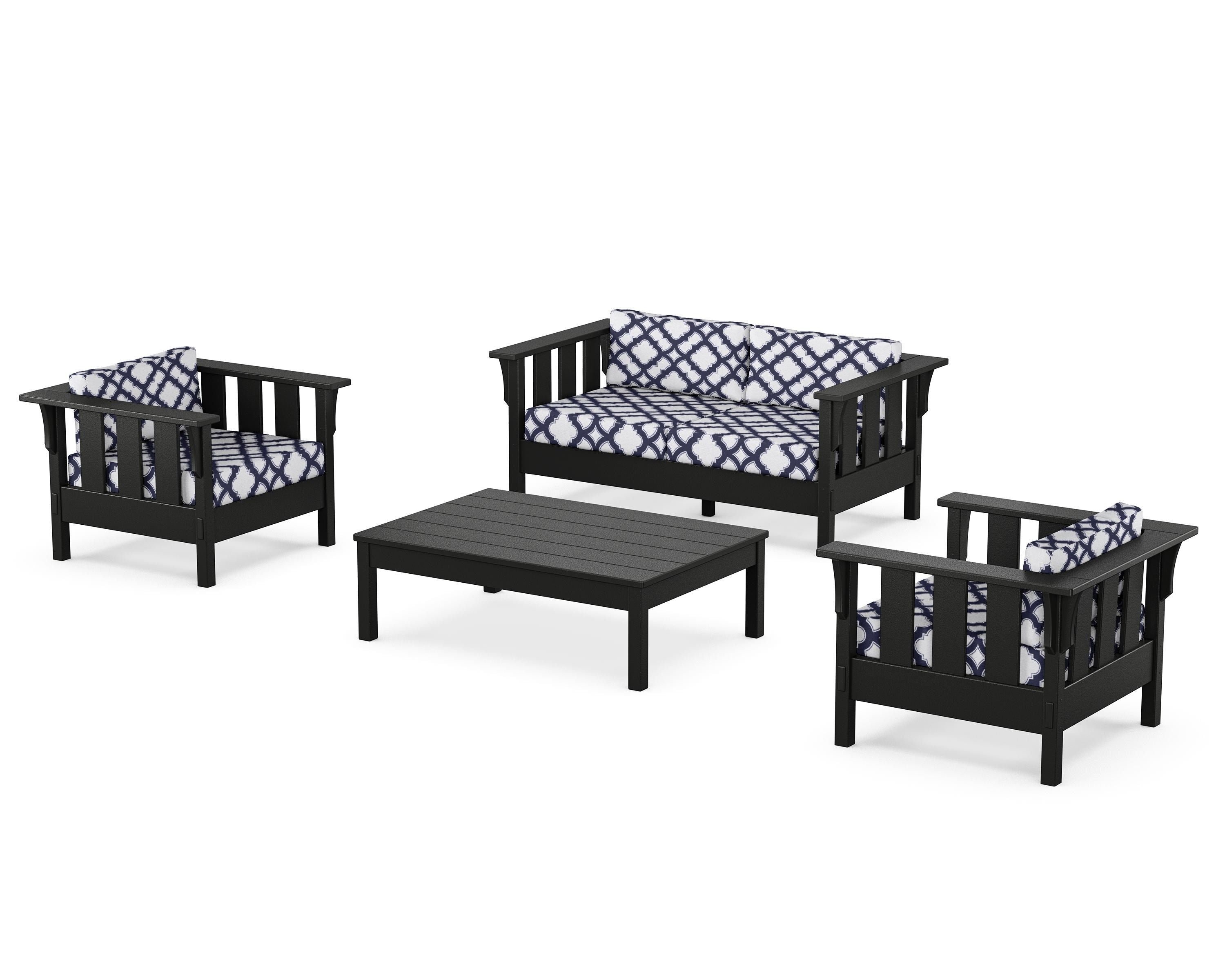 Martha Stewart by POLYWOOD® Acadia 4-Piece Deep Seating Set with Loveseat in Black / Trellis Navy