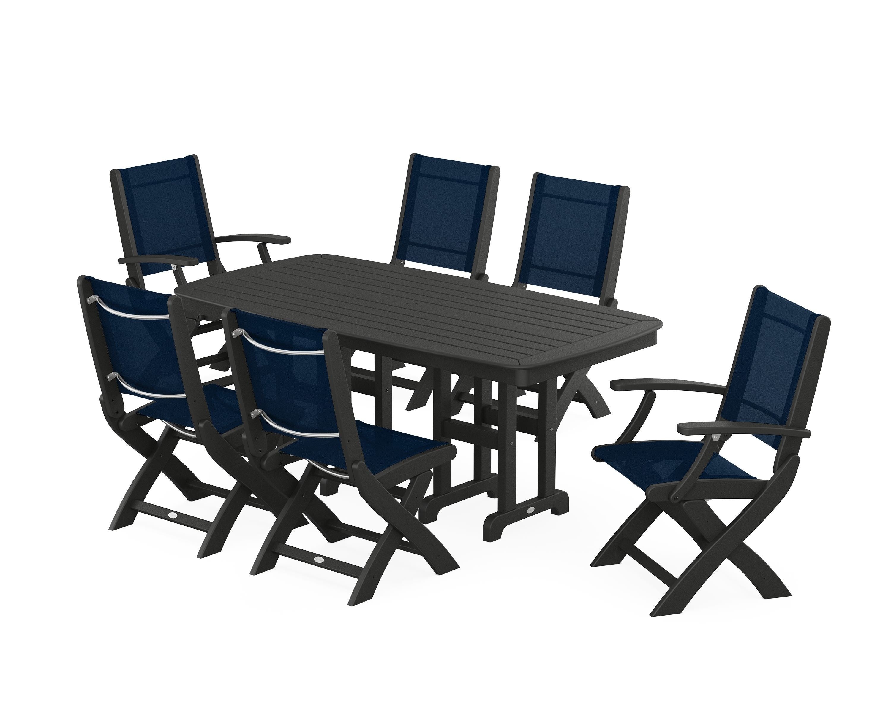 POLYWOOD® Coastal Folding Chair 7-Piece Dining Set in Black / Navy Blue Sling
