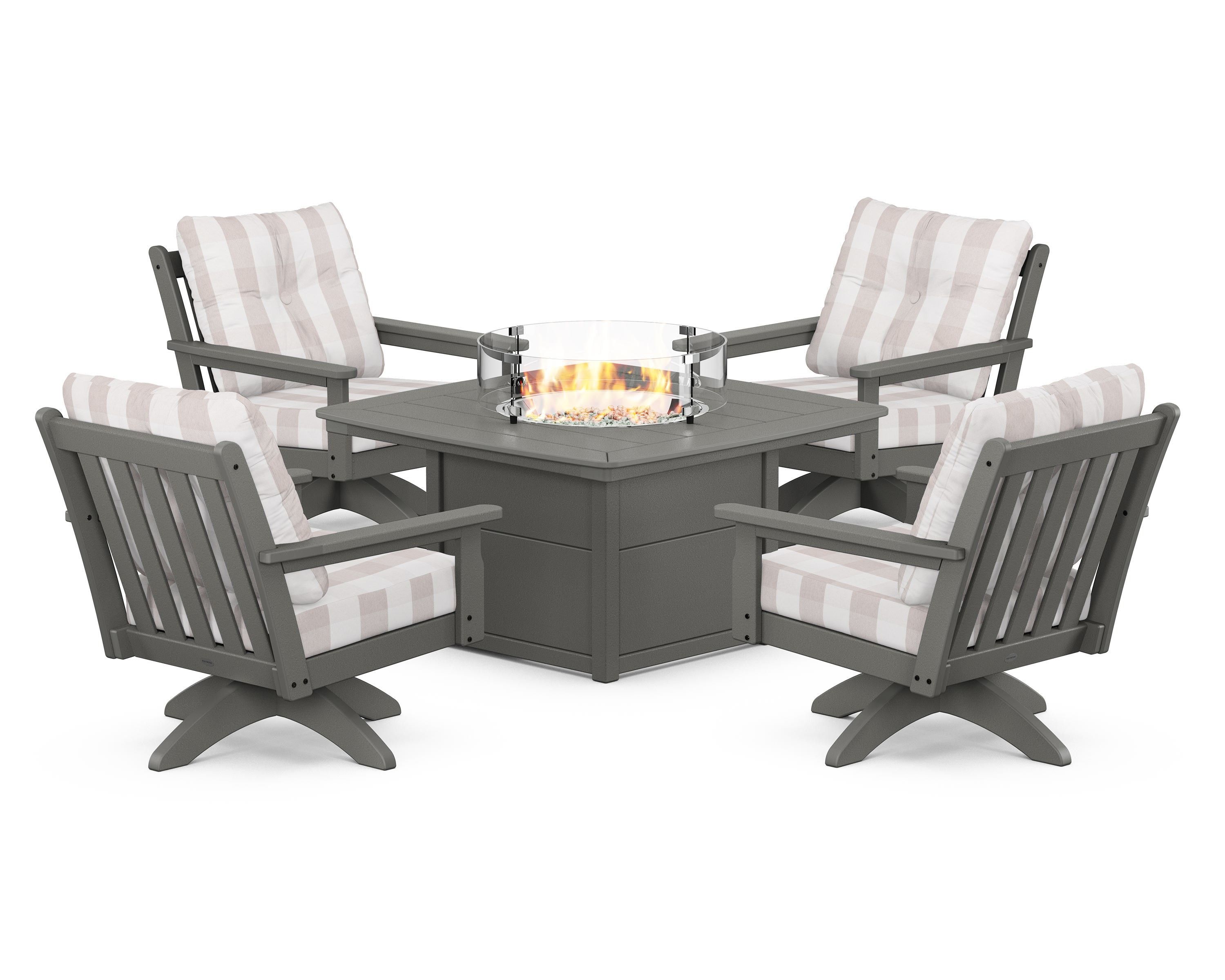 POLYWOOD® Vineyard 5-Piece Deep Seating Swivel Conversation Set with Fire Pit Table in Slate Grey / Buffalo Plaid Dune Burlap
