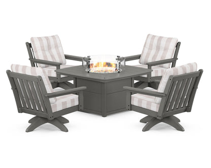 POLYWOOD® Vineyard 5-Piece Deep Seating Swivel Conversation Set with Fire Pit Table in Slate Grey / Buffalo Plaid Dune Burlap