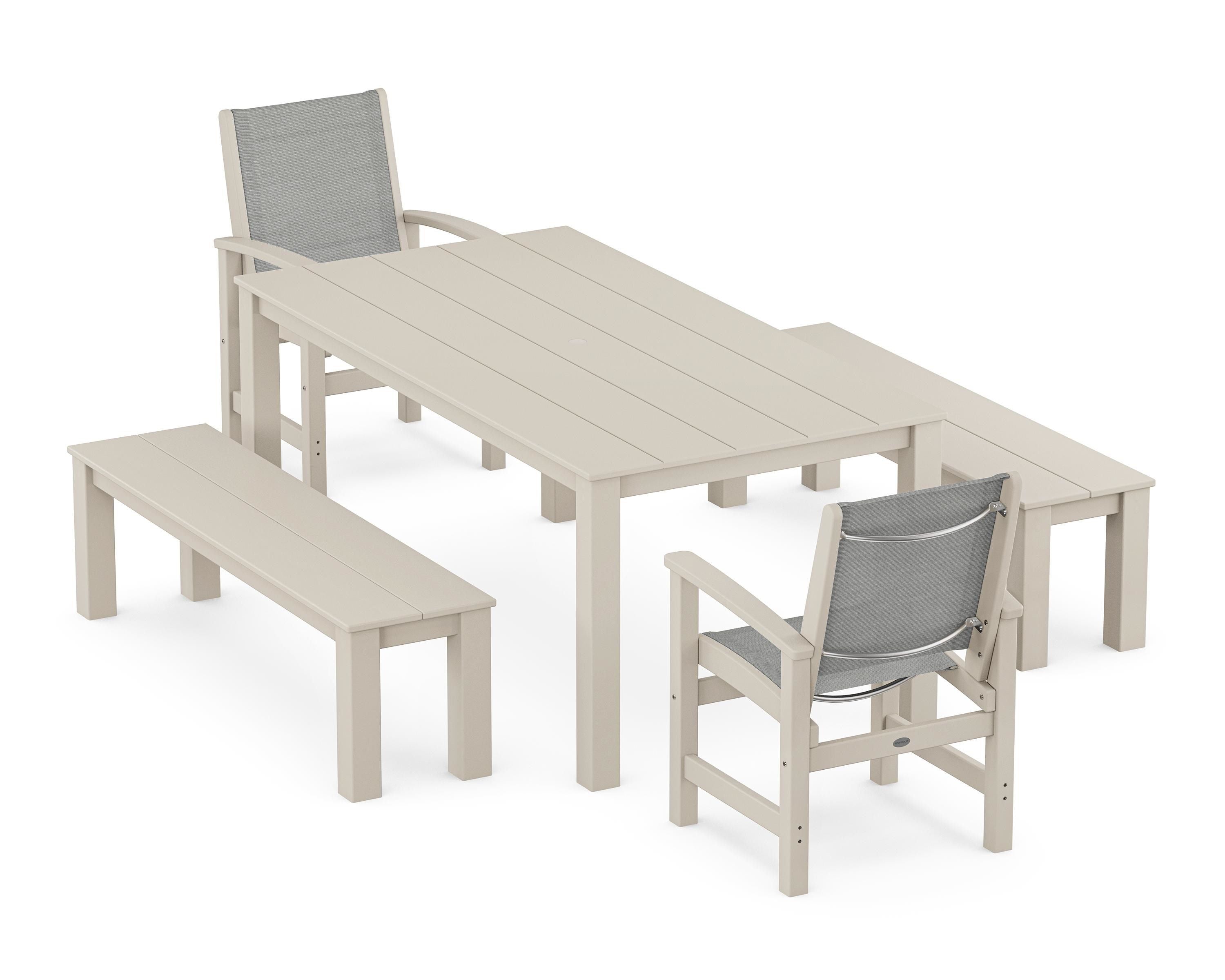 POLYWOOD® Coastal 5-Piece Parsons Dining Set with Benches in Sand / Metallic Sling