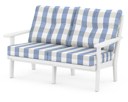 POLYWOOD® Lakeside Deep Seating Loveseat in White / Buffalo Plaid Sky Blue