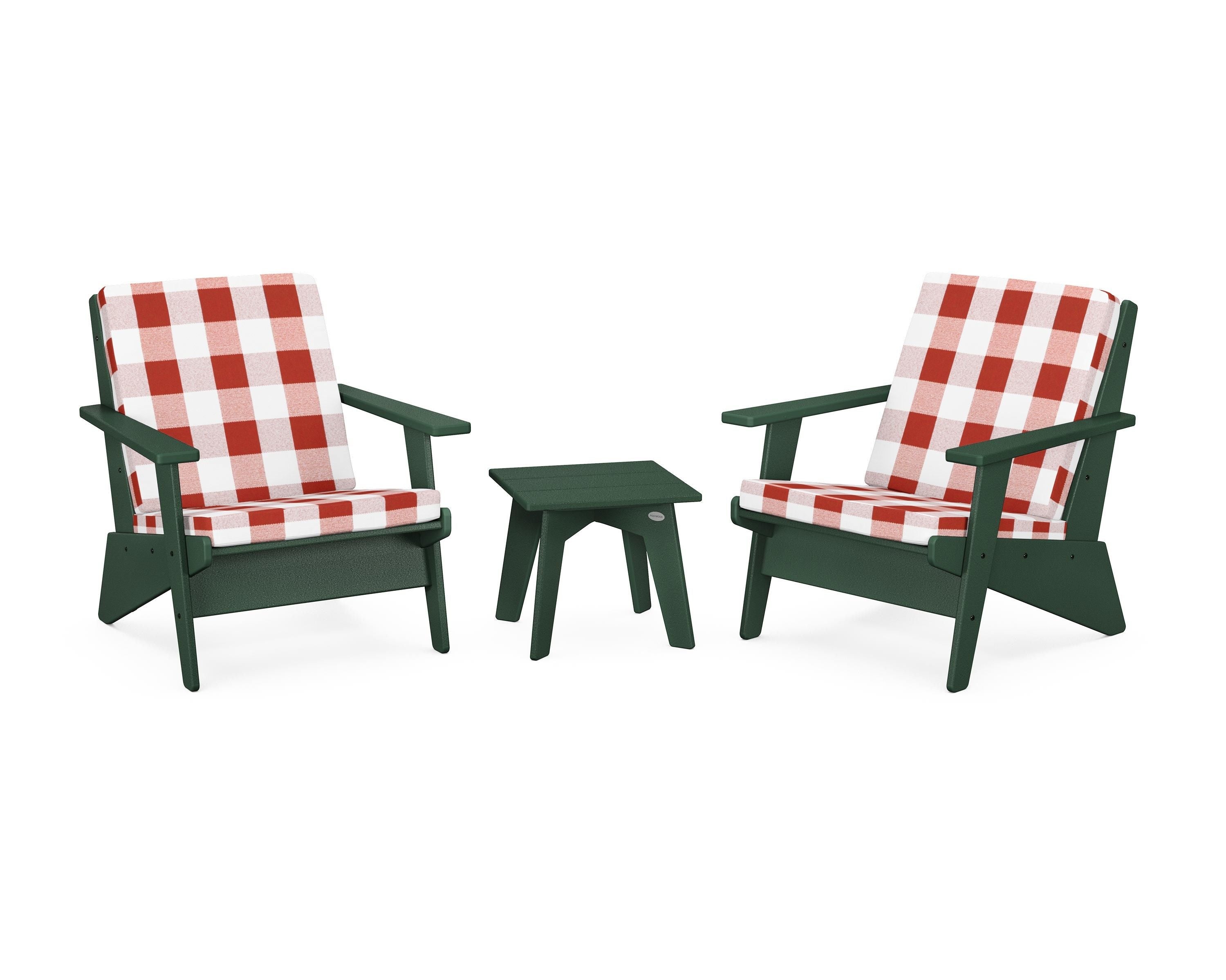 POLYWOOD® Riviera Modern Lounge 3-Piece Set in Green / Buffalo Plaid Crimson