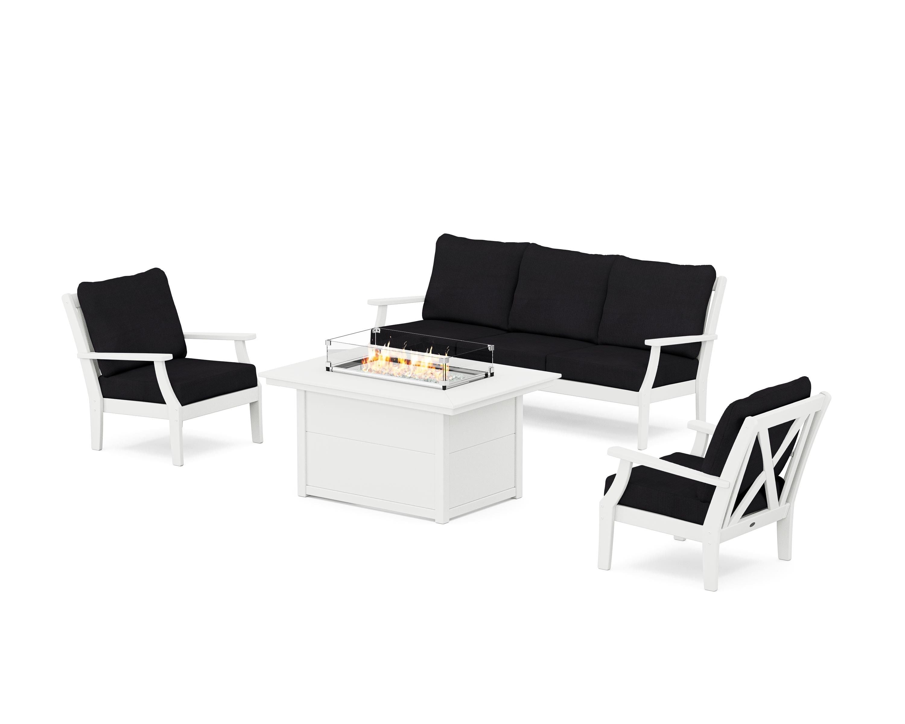 POLYWOOD® Braxton Deep Seating Fire Pit Table Set in White / Midnight Linen
