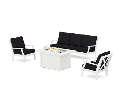 POLYWOOD® Braxton Deep Seating Fire Pit Table Set in White / Midnight Linen