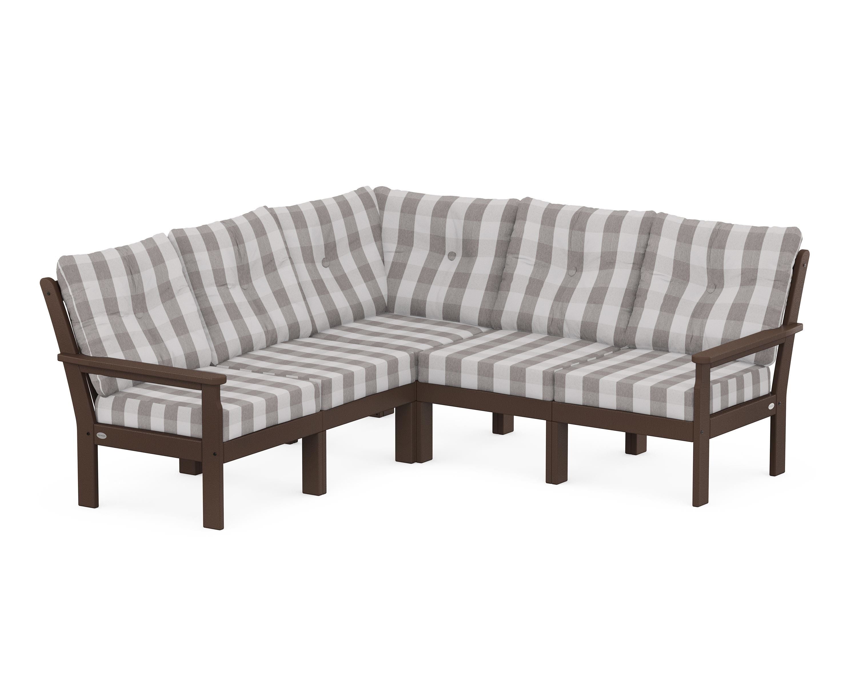 POLYWOOD® Vineyard 5-Piece Sectional in Mahogany / Buffalo Plaid Grey Mist