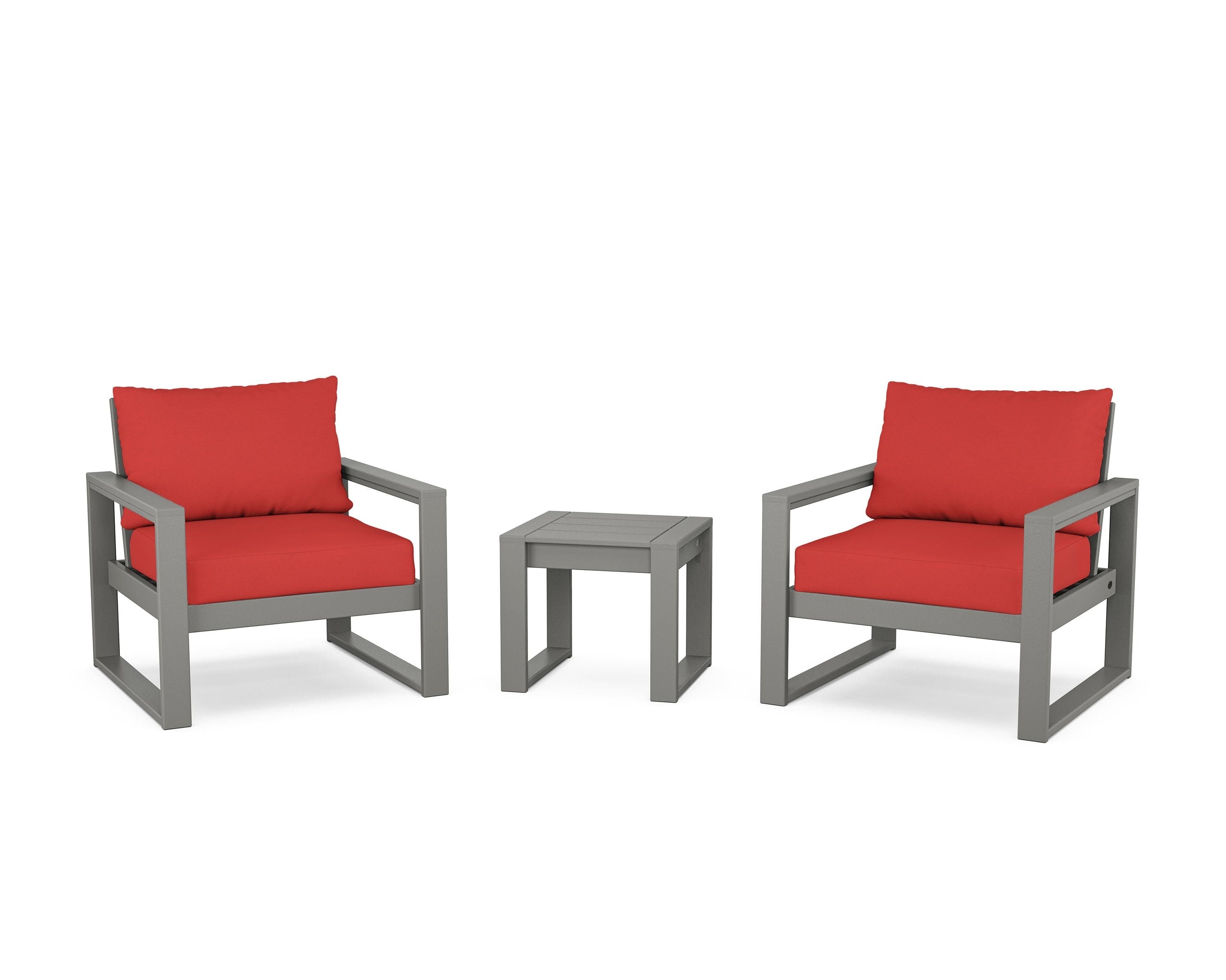 POLYWOOD® EDGE Sectional 3-Piece Deep Seating Set in Slate Grey / Crimson Linen