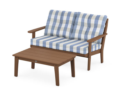 POLYWOOD® Lakeside 2-Piece Lounge Loveseat Set in Teak / Buffalo Plaid Sky Blue
