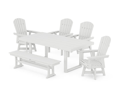POLYWOOD® Nautical Curveback Adirondack Swivel Chair 6-Piece Dining Set with Bench in White