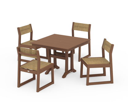 POLYWOOD® EDGE Sling 5-Piece Farmhouse Trestle Side Chair Dining Set in Teak / Burlap Sling