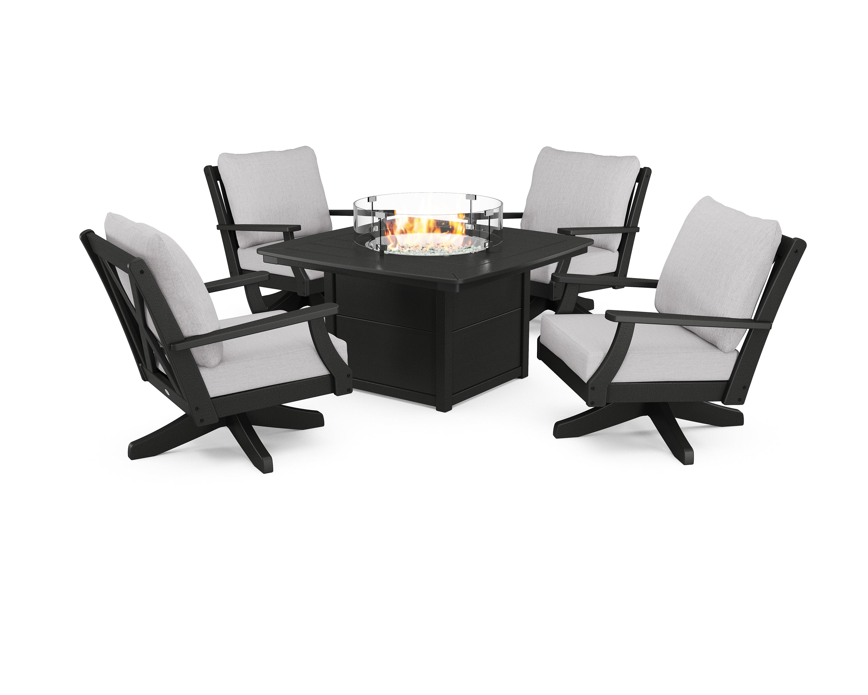 POLYWOOD® Braxton 5-Piece Deep Seating Swivel Conversation Set with Fire Pit Table in Black / Granite