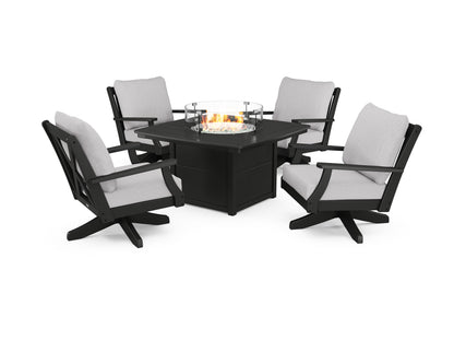 POLYWOOD® Braxton 5-Piece Deep Seating Swivel Conversation Set with Fire Pit Table in Black / Granite