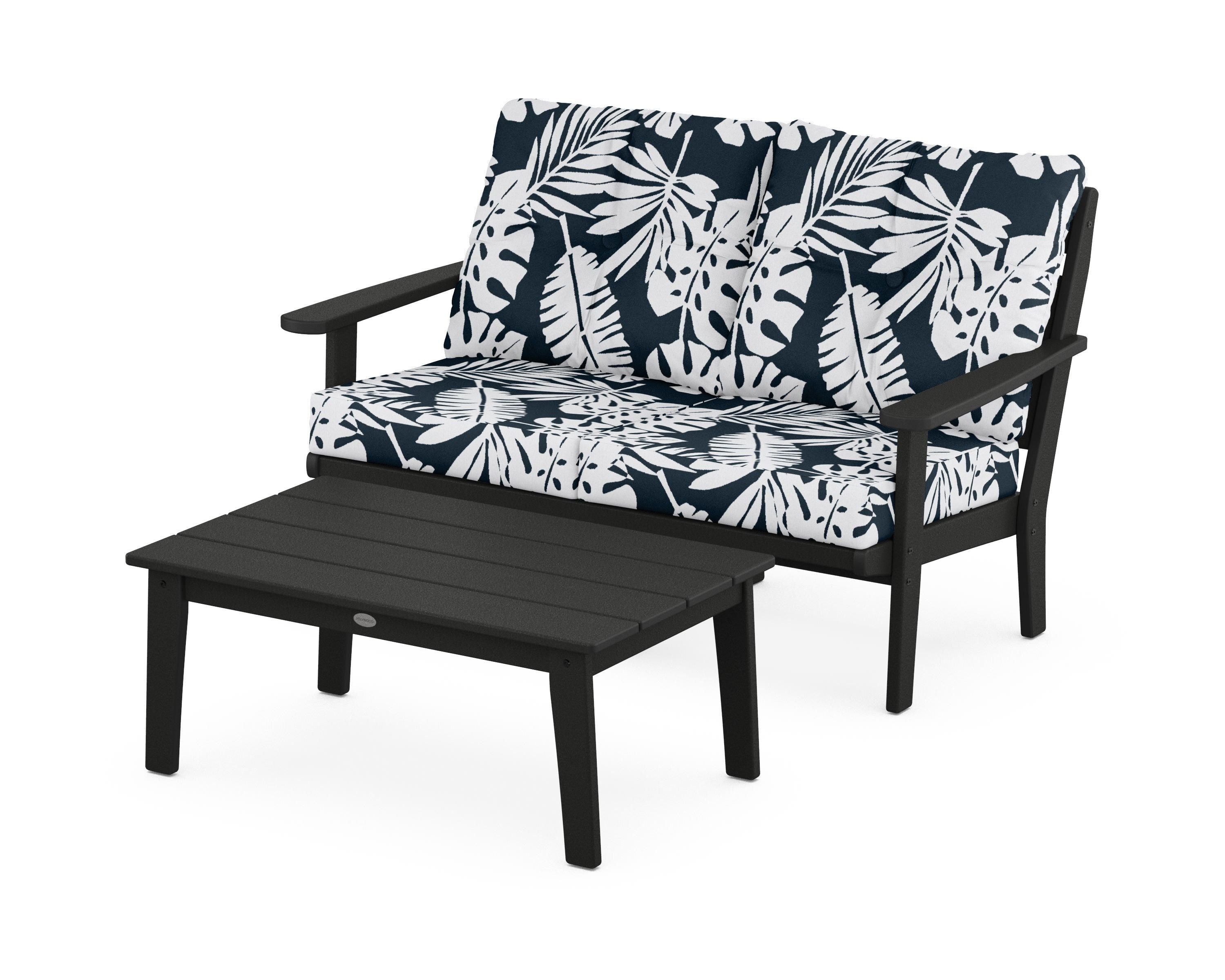 POLYWOOD® Lakeside 2-Piece Lounge Loveseat Set in Black / Leaf Marine Indigo
