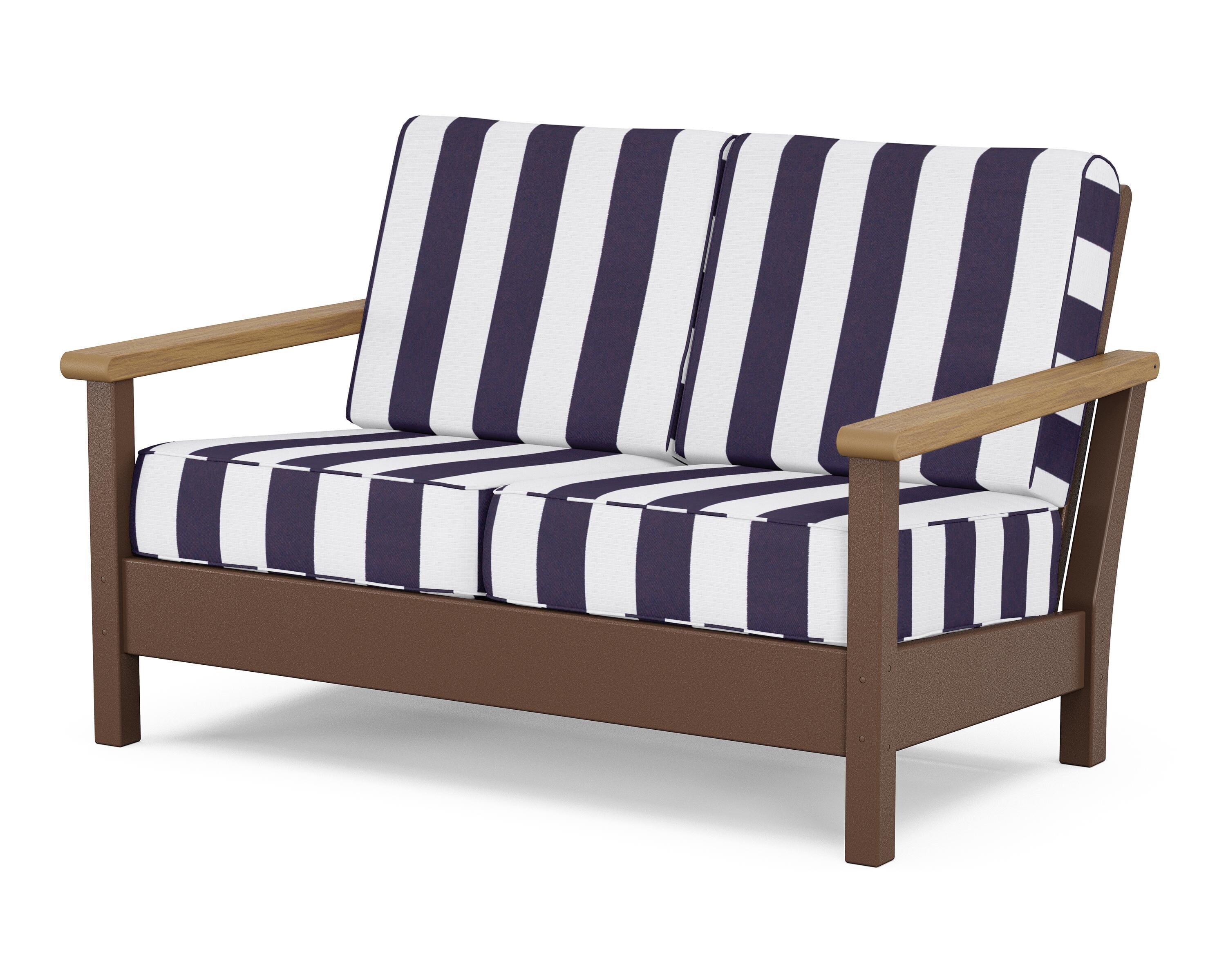 POLYWOOD® Harbour Deep Seating Loveseat in Mahogany / Natural / Cabana Stripe Navy