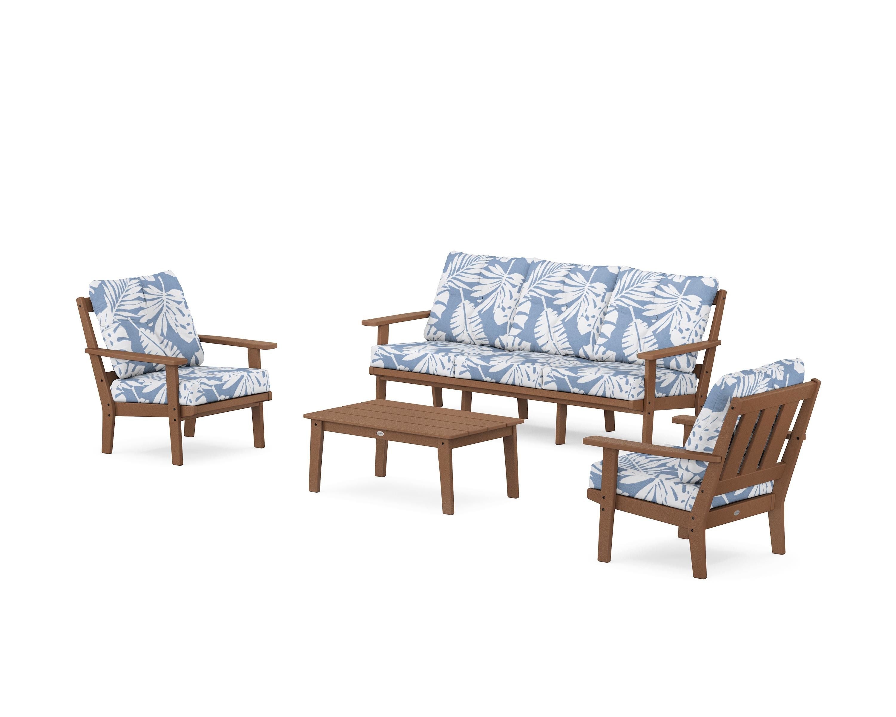 POLYWOOD® Oxford 4-Piece Deep Seating Set with Sofa in Teak / Leaf Sky Blue