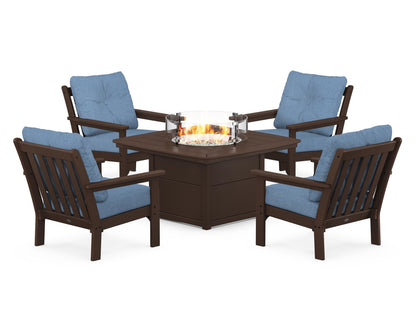 POLYWOOD® Vineyard 5-Piece Conversation Set with Fire Pit Table in Mahogany / Sky Blue