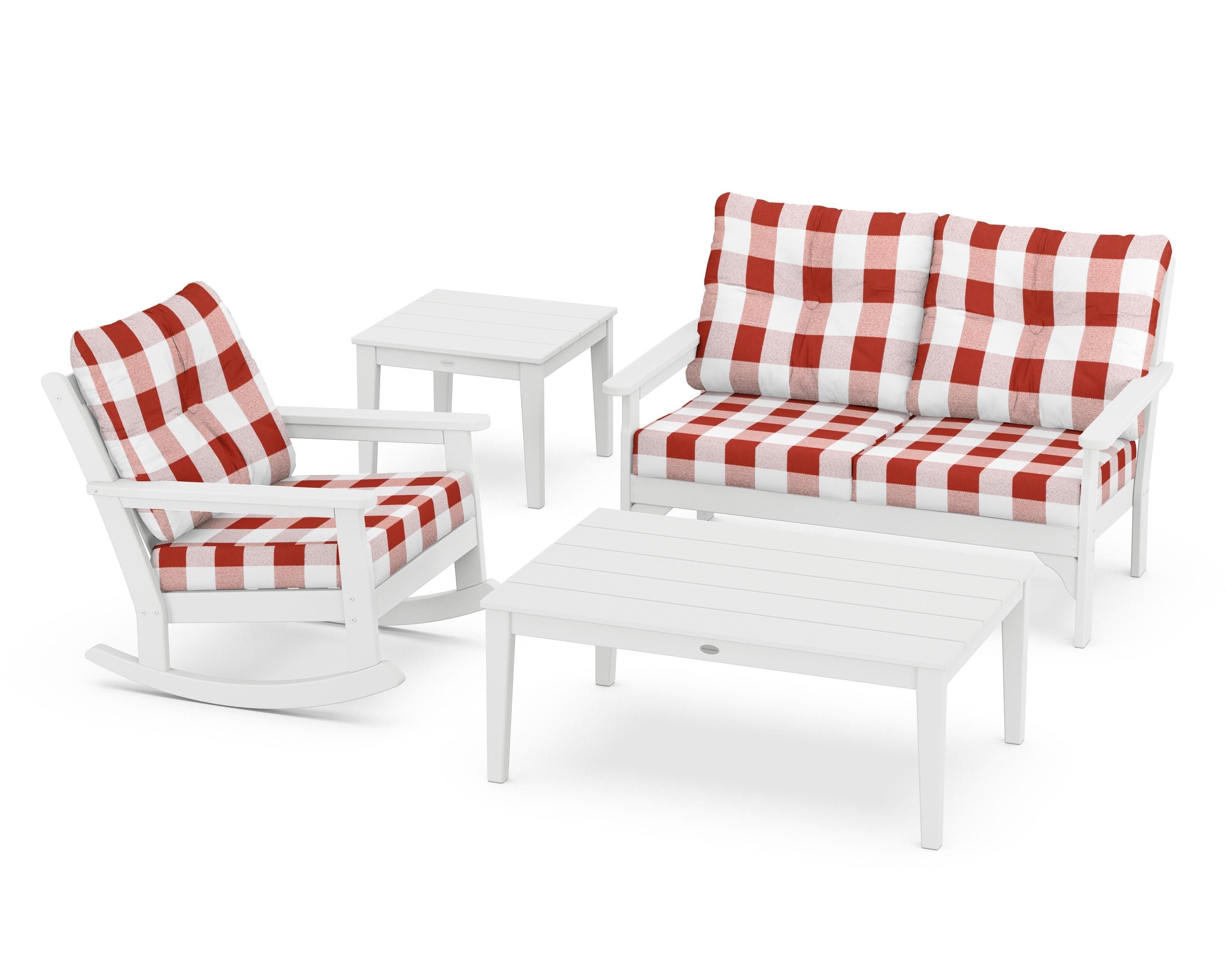 POLYWOOD® Vineyard 4-Piece Deep Seating Rocker Set in White / Buffalo Plaid Crimson