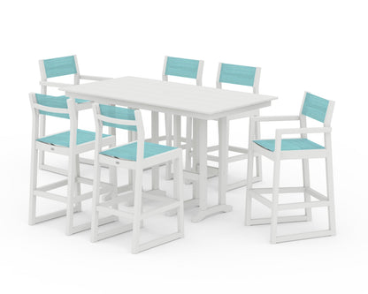 POLYWOOD® EDGE Sling 7-Piece Farmhouse Bar Set in White / Dupioni Aquamarine Sling