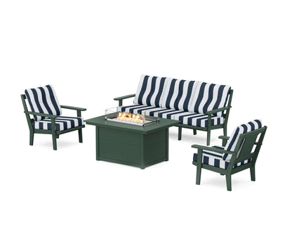 POLYWOOD® Prairie Deep Seating Fire Pit Table Set in Green / Cabana Stripe Marine Indigo