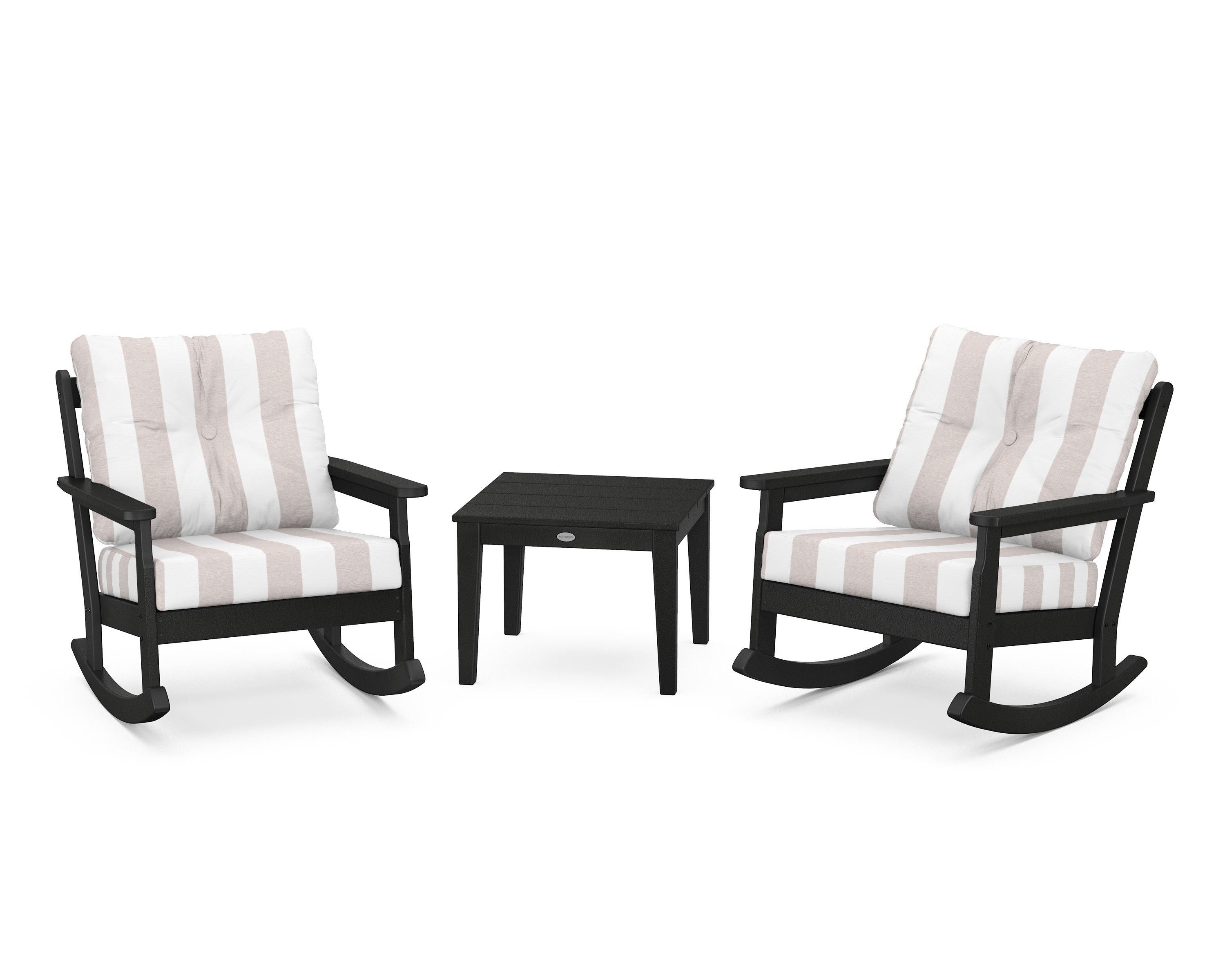 POLYWOOD® Vineyard 3-Piece Deep Seating Rocker Set in Black / Cabana Stripe Dune Burlap