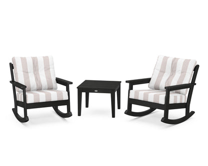 POLYWOOD® Vineyard 3-Piece Deep Seating Rocker Set in Black / Cabana Stripe Dune Burlap