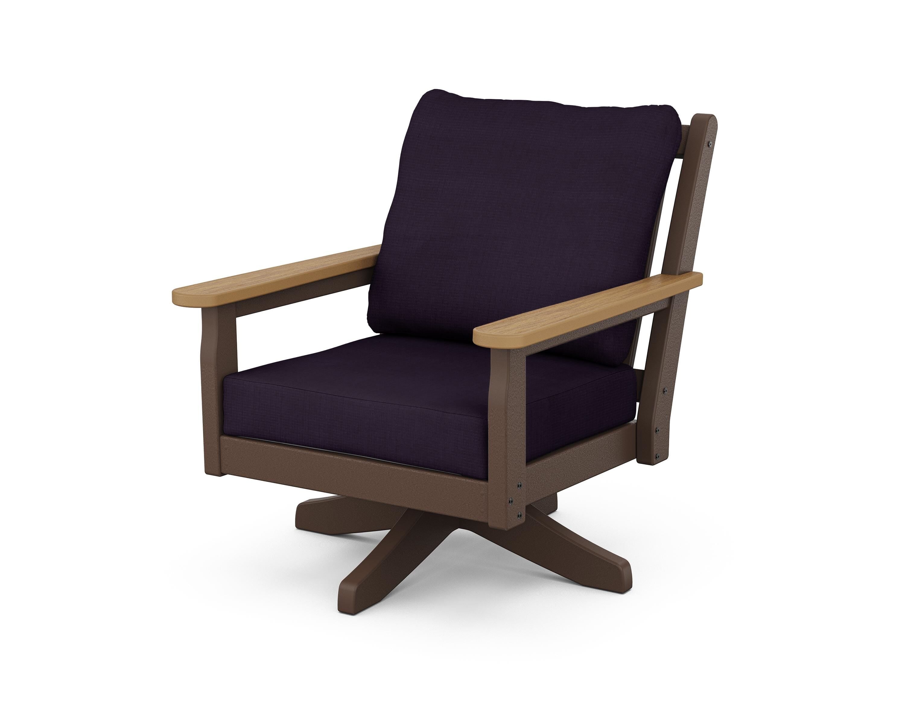 POLYWOOD® Chippendale Deep Seating Swivel Chair in Mahogany / Natural / Navy Linen